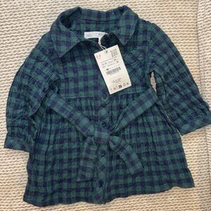 NWT Zara Baby Girl Blue and Green Checkered Button Down Dress 12-18M